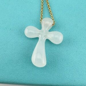 Tiffany & Co. Elsa Peretti White Jade Cross Necklace 18k Yellow Gold 16"